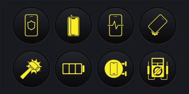 Hammer Şok geçirmez telefon Batarya Telefon Onarım Servisi Cam Ekran Koruyucusu Multimetre ve Mobil 'i kalkan simgesi ile ayarla. Vektör.