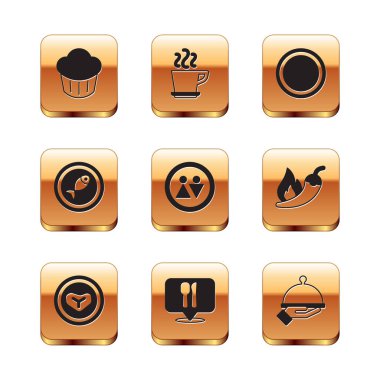 Kek bifteğini tabak kafeye ve restoranın lokasyonuna tepsi dolusu yiyecek ve kahve bardağı ikonuyla kaplı olarak klozet servis et. Vektör.