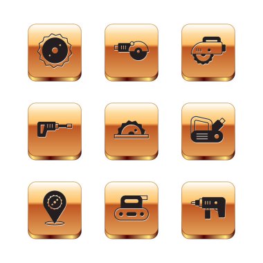 Dairesel testereli testere bıçağı dairesel döner çekiç matkabı ve açılı öğütücü simgesini ayarla. Vektör.