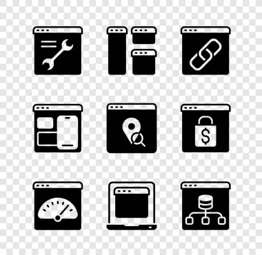 Tarayıcıyı tarayıcı Veri Web geliştirici programlama kodu ve şehir haritası simgesi Infographic ile pencerenin dijital hız ölçer dizüstü bilgisayarını ayarla. Vektör.