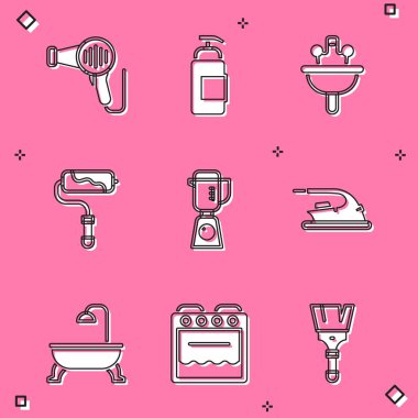 Saç kurutma makinesi antibakteriyel sabun fırça fırçası fırça fırçası mikseri elektrikli demir küvet ve fırın ikonu. Vektör.