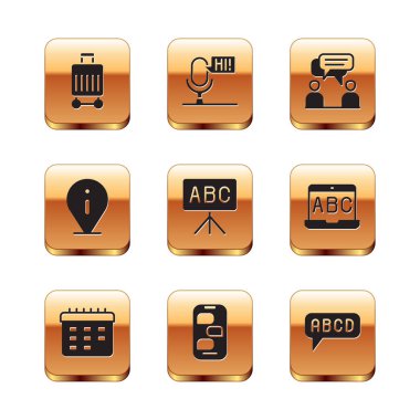 Çanta Okulu zaman çizelgesini ayarla Yeni sohbet mesajları Chalkboard Bilgi İki oturan adam Alfabe ve Mikrofon Ses Aygıtı simgesi konuşuyor. Vektör.