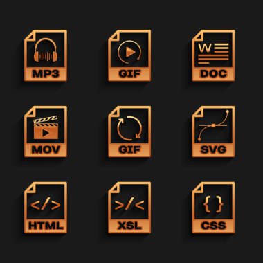 GIF dosya belgesi XSL CSS SVG HTML ve MOV simgesini ayarla. Vektör.