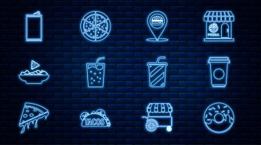 Alüminyum kutu ve pizza ikonunda hamburgerli su cipsli Donut Kahve fincanı konumu ayarlayın. Vektör.