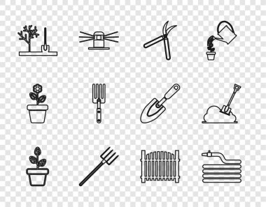 Çiçekleri saksı bahçe hortumuna veya itfaiye hortumuna yerleştirin. El yapımı makas yabası, çit ve kürek ikonu dikin. Vektör.