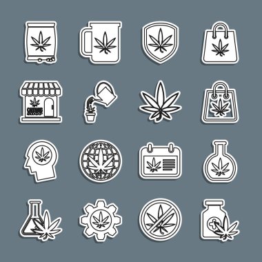 Tıbbi şişeyi marihuana test tüpüyle doldurun. Bir çanta dolusu Shield ve Watering konserve esrar tohumu ve yaprak ikonu. Vektör.