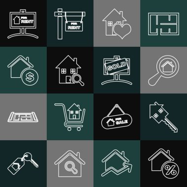 Satır Evi 'ni perkant tuşlu arama evi kalp şeklindeki dolar şeklindeki kira ve satış ikonu tabelasıyla ayarla. Vektör.