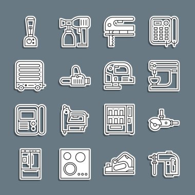 Rotary çekiç matkabı, Açı öğütücü elektrikli testere, elektrikli testere, ısıtıcı, karıştırıcı ve ikon ayarlayın. Vektör.