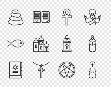 Yahudi torah kitabı Rahip Haçı Ankh Hıristiyan haçı zincirine bağlanmış Stack sıcak taşları kilisesi pentagram çemberi ve Keşiş ikonu inşa ediyor. Vektör.