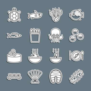 Deniz hıyarı, Takoyaki Seaweed Balıkçılık Kovası 'nda balık, kaplumbağa ve ahtapot ikonu servis edilir. Vektör.