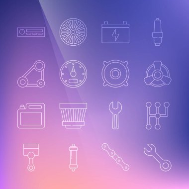 Wrench anahtarının vites değiştirici araba vantilatör batarya Speedometer Kemerli Kemerleri Ses ve Ses hoparlörü simgesini ayarla. Vektör.