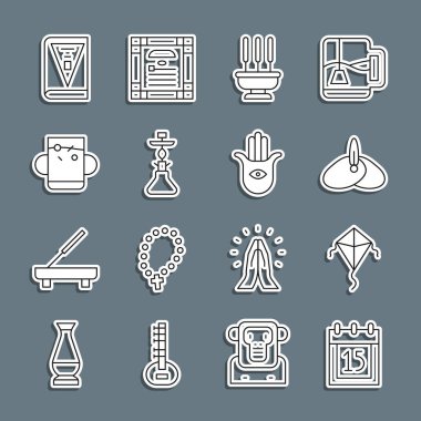 Bağımsızlık Günü Hindistan Uçurtması başlıklı türban tütsüsü çay ve yaprak anayasası ve Hamsa el ikonu. Vektör.