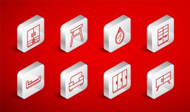 Göğüs Çekmecesi Koltuğu Ayna Gardırop Koltuğu ve Yatak ikonu. Vektör.