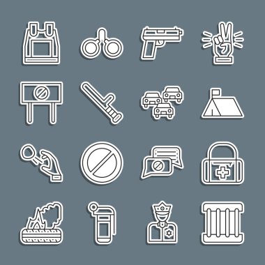 İIk yardım seti protesto kampı Pistol ya da silah polisinin plastik çelik yelek ve trafik sıkışıklığı ikonu. Vektör.