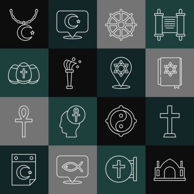 Dharma wheel Aspergillum Paskalya Yumurtası Yıldızı ve zincirli Hilal ve David ikonu. Vektör.