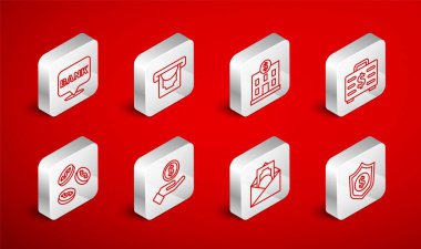 Kalkan hattını dolar ATM ve para bankası çanta zarflı el yazısı ve madeni para ikonu ile ayarla. Vektör.