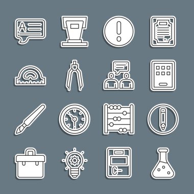 Satır Test Tüpü Kalem Grafik Tableti Konuşma balonu ve Ünlem Pusula Çekici ızgara baloncukları Cevap ve Konuşan İki Oturan Adam simgesi ile ayarlayın. Vektör.