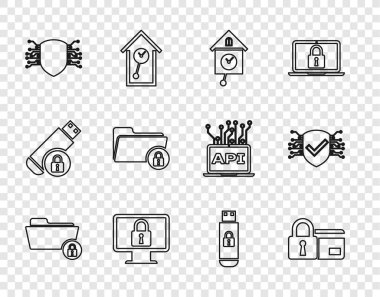 Satır dizinini ayarla ve kredi kartını Retro duvar saati kilidiyle birlikte Siber güvenlik USB flash diski ve simgesini monitöre bağla. Vektör.