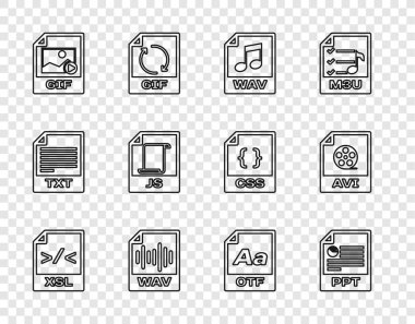 XSL dosya belgesi PPT WAV GIF JS OTF ve AVI simgesini ayarla. Vektör.