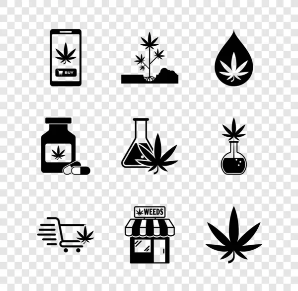 设置网上购买大麻种植大麻或大麻叶油购物车与存储医疗瓶和试管图标 — 图库矢量图片