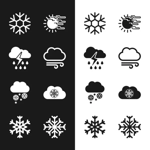 Set Windy Weather Cloud Rain Lightning Snowflake Fog Sun Snow — Stock Vector