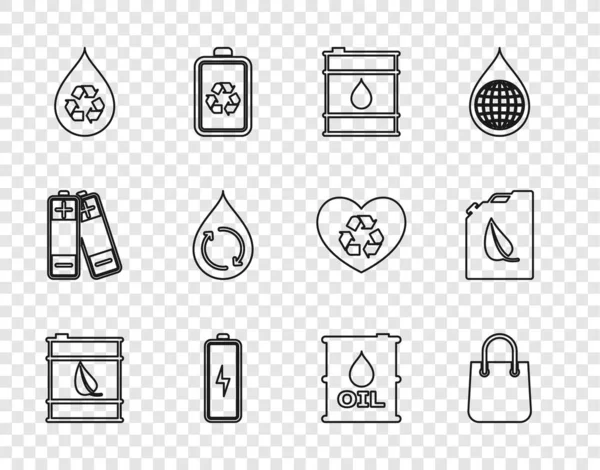 设置一系列的生物燃料桶购物袋 机油电池循环 清洁水桶和水罐图标 — 图库矢量图片