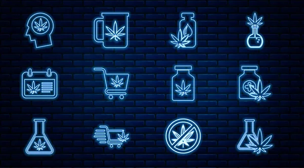 Set Line Tube Essai Avec Marijuana Flacon Médical Huile Cannabis — Image vectorielle