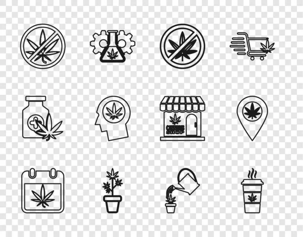 Ustaw Linię Kalendarz Marihuana Filiżanka Kawy Roślin Stop Marijuana Pot — Wektor stockowy