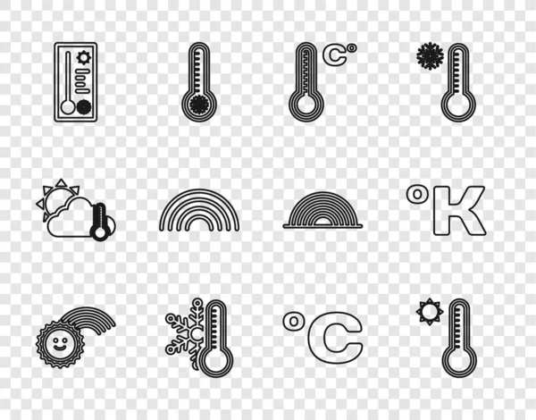 stock vector Set line Rainbow with sun Meteorology thermometer Thermometer snowflake Celsius and Kelvin icon. Vector.