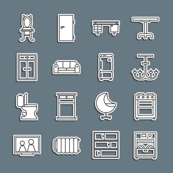 Set line Kitchen dishwasher machine Oven Chandelier Office desk Sofa Wardrobe Chair and Refrigerator icon. Vector.