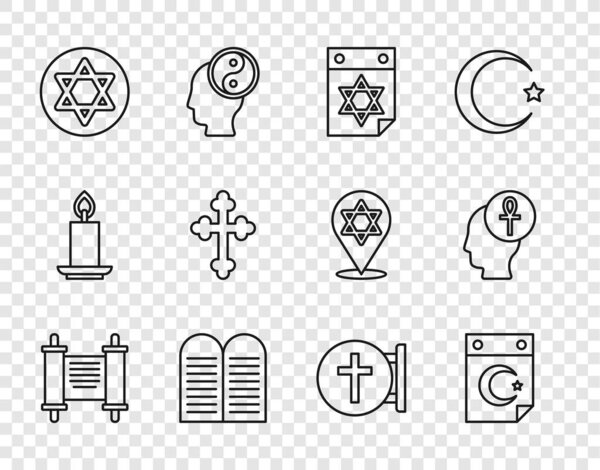 Set line Decree paper parchment scroll Star and crescent Jewish calendar The commandments of David Christian cross and Cross ankh icon. Vector.