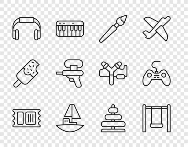 设定线形圆形票 摆动画笔玩具船耳机水枪金字塔玩具和Gamepad图标 — 图库矢量图片