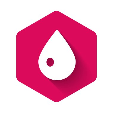 Beyaz su damlası ikonu uzun gölgeli izole edilmiş. Pembe altıgen düğmesi. Vektör İllüstrasyonu.