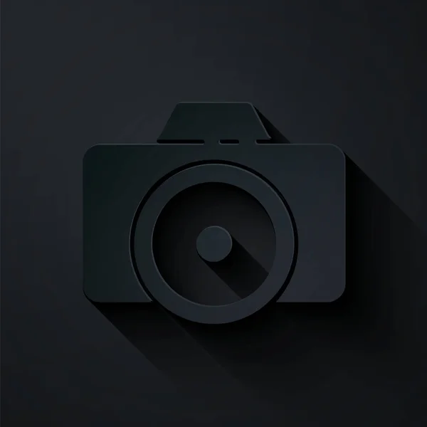Paper Cut Photo Camera Icon Isolated Black Background Foto Camera — Stock Vector
