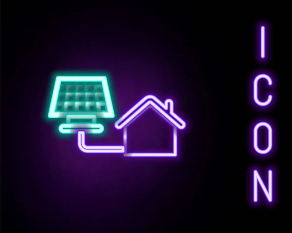 Leuchtende Neon Line House Mit Solarpanel Symbol Isoliert Auf Schwarzem — Stockvektor