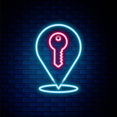 Parlayan neon hattı konum simgesi tuğla duvar arka planında izole edildi. Ev anahtarının konsepti. Renkli taslak konsepti. Vektör.