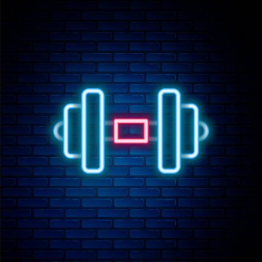 Parlayan neon hattı Dumbbell simgesi tuğla duvar arka planında izole edildi. Kas kaldırma, fitness halteri, spor malzemeleri. Renkli taslak konsepti. Vektör.