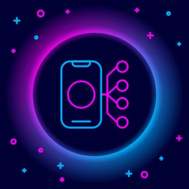 Parlayan neon hattı sinirsel ağ simgesi siyah arkaplanda izole edildi. Yapay zeka yapay zekası. Renkli taslak konsepti. Vektör.