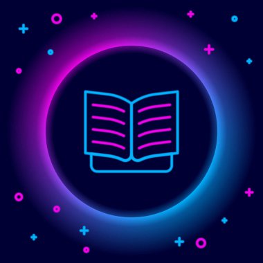 Parlayan neon hattı Açık kitap simgesi siyah arkaplanda izole edildi. Renkli taslak konsepti. Vektör.