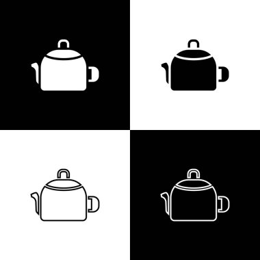 Kettle 'ı siyah beyaz arkaplanda izole edilmiş bir simgeyle ayarla. Çaydanlık ikonu. Vektör.