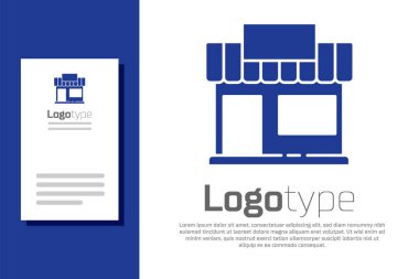 Mavi Alışveriş binası ya da market simgesi beyaz arka planda izole edilmiş. Dükkan inşaatı. Logo tasarım şablonu elemanı. Vektör İllüstrasyonu.