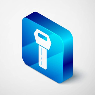 Gri arka planda izole edilmiş uzaktan kumandalı Isometric Car anahtarı. Araba anahtarı ve alarm sistemi. Mavi kare düğme. Vektör.