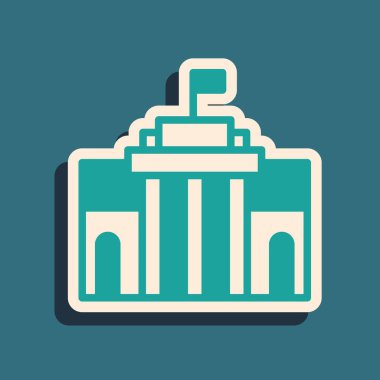 Yeşil Prado müzesi simgesi yeşil arka planda izole edildi. Madrid, İspanya. Uzun gölge tarzı. Vektör.