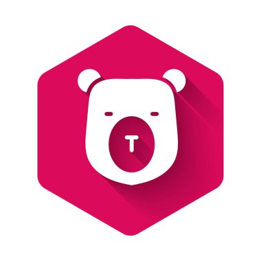 Beyaz Ayı başı simgesi uzun gölgeli izole edilmiş. Pembe altıgen düğmesi. Vektör.