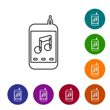 Black line Music player icon isolated on white background. Portable music device. Set icons in color circle buttons. Vector.