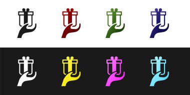 Hediye simgesini siyah ve beyaz arkaplanda izole et. Hediye elinde. Hediye verme ve alma kavramı. Vektör.