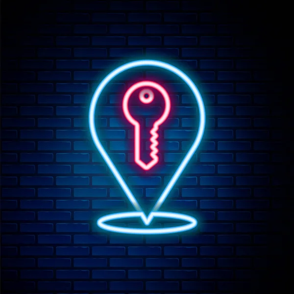 Leuchtende Leuchtschrift Location Key Icon Isoliert Auf Backsteinwand Hintergrund Das — Stockvektor