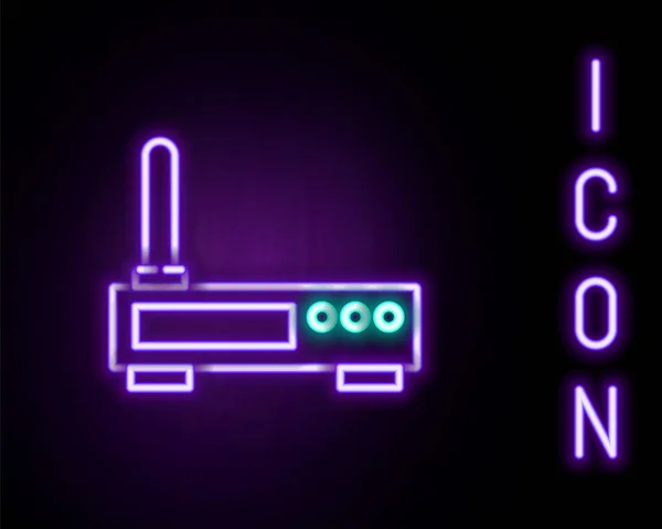 Gloeiende Neon Lijn Router Signaal Pictogram Geïsoleerd Zwarte Achtergrond Draadloze — Stockvector