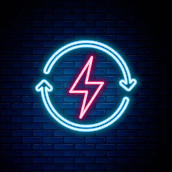Leuchtende Neon Linie Aufladen Symbol Isoliert Auf Backsteinwand Hintergrund Elektrische — Stockvektor