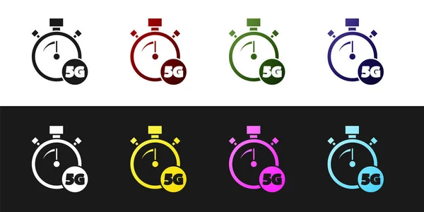 黒と白の背景に5Gアイコンでデジタル速度計のコンセプトを設定します グローバルネットワーク高速接続データレート技術 ベクトル — ストックベクタ